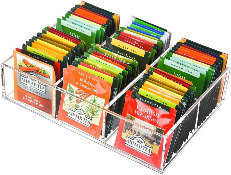 Tasybox Tea Bag Organizer, Clear Acrylic Tea Bag Holder with 6 Slot, Tea Packet Storage for Drawer, Pantry, Kitchen, Cabinet, Countertop - Image 1